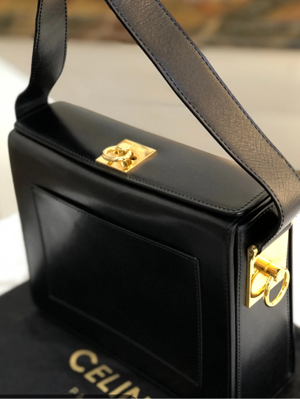 Vintage Celine black leather box shoulder bag